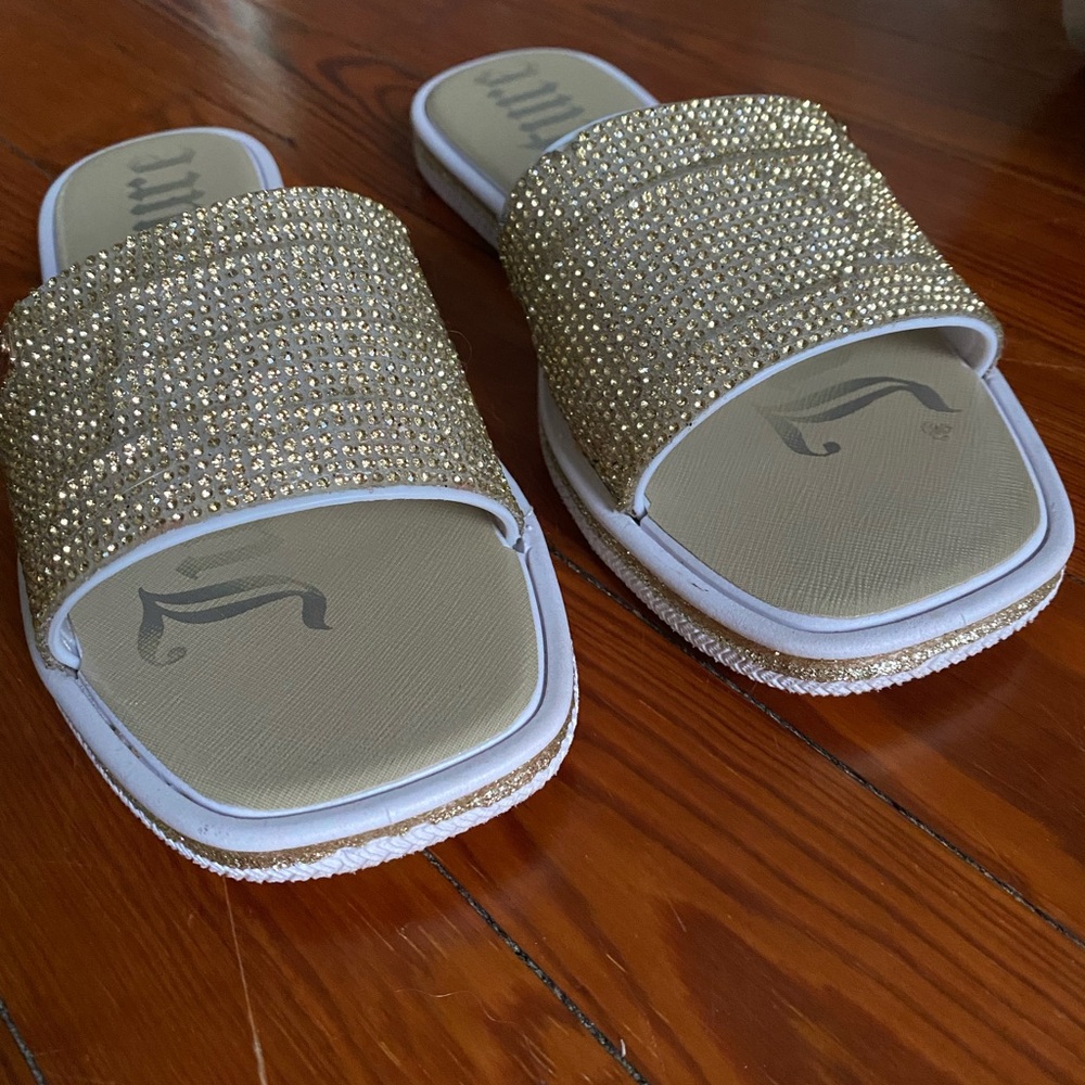 Gold Rhinestone Slide Sandals - Picture 2 of 5
